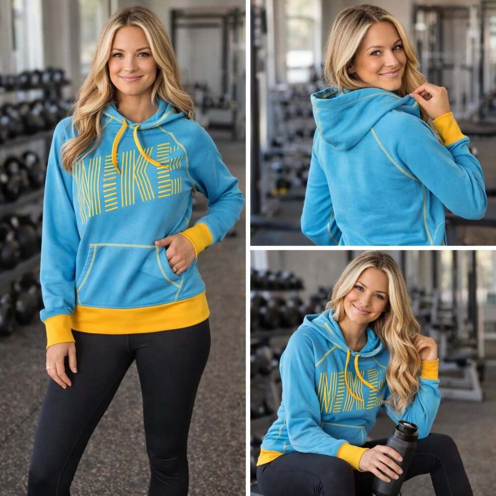 Nike Therma-FIT Hoodie Women’s Large Blue Yellow Pullover Sweatshirt